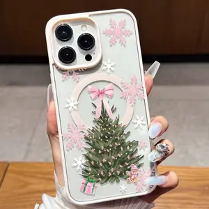 Pink Snowflake Christmas Tree Pattern Magnetic Phone Case, Shockproof Tpu Cover for iPhone 11/12/13/14/15/16 Pro Max/17/air, Wireless Charging