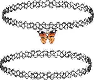 2PC Tattoo Choker Necklace - 90s & 2000s Y2K Black Chokers with Butterfly Ying Yang Unicorn Rainbow Charms Stretchy Elastic Daily Wear Jewelry