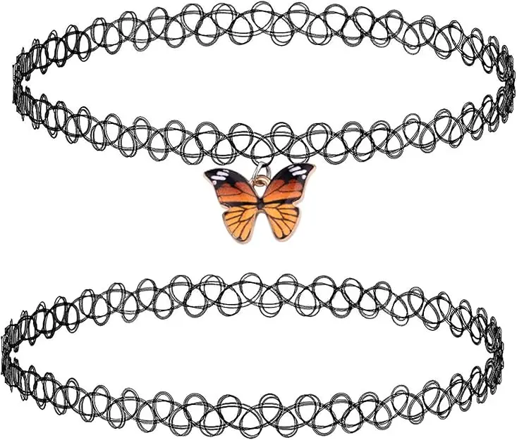 2PC Tattoo Choker Necklace - 90s & 2000s Y2K Black Chokers with Butterfly Ying Yang Unicorn Rainbow Charms Stretchy Elastic Daily Wear Jewelry