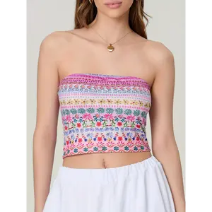 Women Wrap Chest Tube Tops Print Boat Neck Strapless Tank Tops Summer Backless Bandeau Crop Tops