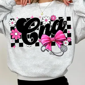 CNA Nurse T-Shirt Or  sweatshirt, Checkered Coquette Bow Floral CNA Nurse Shirt , Certified Nursing Assistant Tee Unisex Fabric