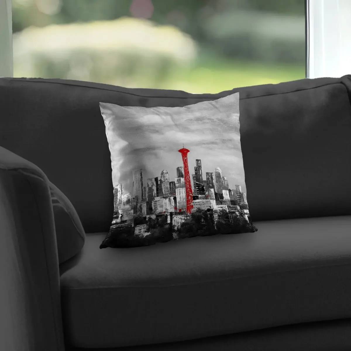 360 Stand 14x14 in Poly Twill Weave Industrial Throw Pillow Insert, Urban Landmark Red Space Needle Cityscape Print, for Living Room Decor with Industrial Look, 14-Inch Standard Pillows