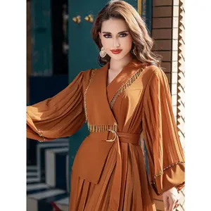 [Elegant Abaya] Elegant V-Neck BA5215 Long Sleeve Pleated Abaya Dress |   Handmade Traditional Robe for Women, Floor-Length Modest Gown in Rich Brown with Beaded Waist Belt - Spring/Summer Hand Wash Only