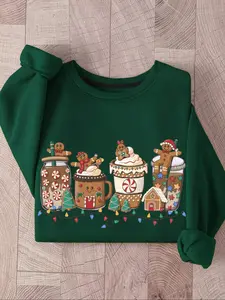 Christmas Ladies' Fun Cartoon Gingerbread Man Print Oversized Sweatshirt Featuring ribbed drop shoulders and a stylish graphic print, this comfortable pullover is perfect for casual wear. Ideal for layering in spring and fall, it makes a perfect Christmas
