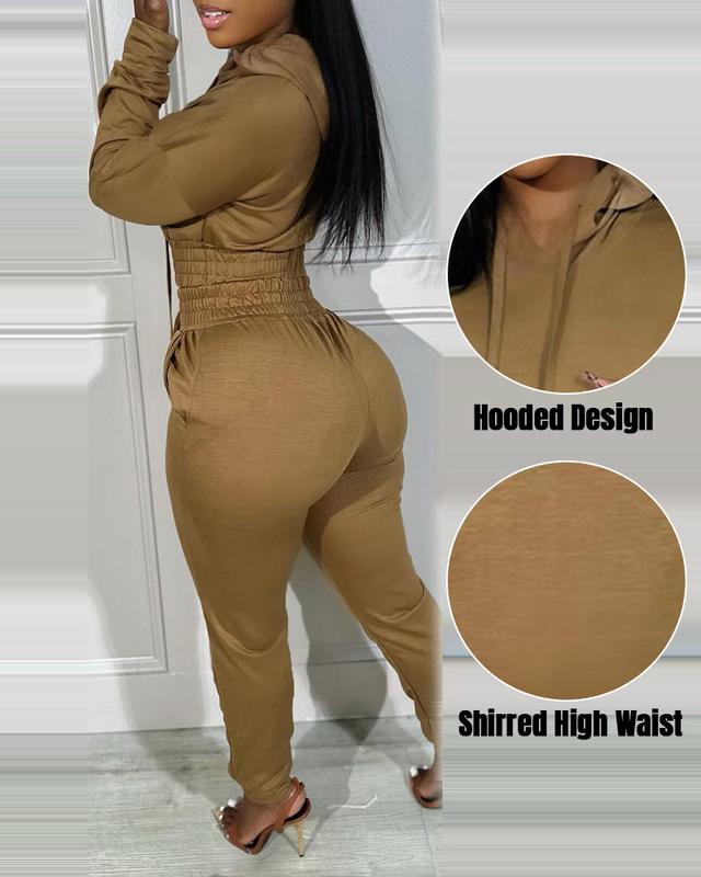ChicMe Womens 2 Piece Outfits Lounge Hoodie Shirred Waist Pocket Design Sweatshirt Cuffed Jogger Sweatpants Tracksuit