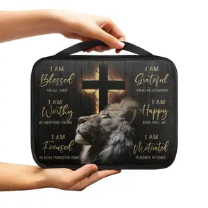 1 x Lion themed Bible shoulder bag with cross, "I am blessed" quote print, perfect for church, office supplies, portable Bible bag, Bible accessories