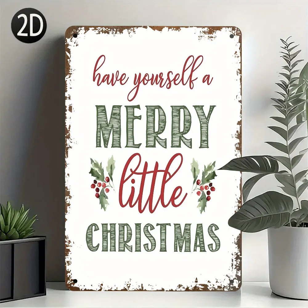 Vintage Rustic Metal Wall Decor Sign "Have Yourself a Merry Little Christmas" - Large 7.87x11.8 Inch (20x30cm) Farmhouse Holiday Decoration with Holly & Berries, Green & Red Lettering - Heavy-Duty Iron Material for Home, Cafe, Bar, Garden - Easy