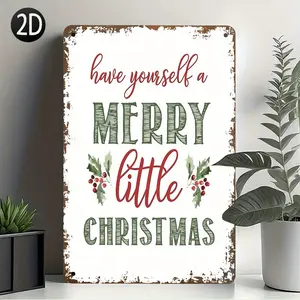 Vintage Rustic Metal Wall Decor Sign "Have Yourself a Merry Little Christmas" - Large 7.87x11.8 Inch (20x30cm) Farmhouse Holiday Decoration with Holly & Berries, Green & Red Lettering - Heavy-Duty Iron Material for Home, Cafe, Bar, Garden - Easy