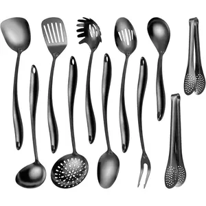304 Stainlss Steel Matte Kitchen Utensils Set, 11 Pcs Long Metal Cooking Utensil Gadgets Tools Set with Spatula, Ladle, Spoon, Skimmer, Tunner, Pasta Server, Tongs(Black, Dishwasher Safe)
