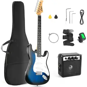 39"Inch Solid Full Size Electric Guitar Beginner Kit,Electric Guitar Starter Kit,S-S-S Pickups With 5W Amp,Strings, Pick,Tremolo Bar,Bag,Strip,Tuner.,Blue