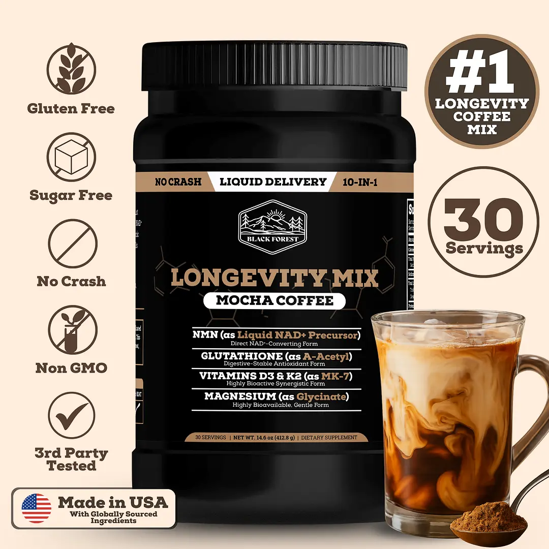 Black Forest Longevity Mix Mocha Coffee with NMN, Glutathione, Magnesium Glycinate, TMG, Vitamin D3, C, K2, B12, Cocoa Powder, Instant Coffee | 30 Servings - Gluten - Free Sugar - Free Non GMO - TikTok Shop Black Forest Longevity Mix Mocha Coffee with NMN, Glutathione, Magnesium Glycinate, TMG, Vitamin D3, C, K2, B12, Cocoa Powder, Instant Coffee | 30 Servings - Gluten - Free Sugar - Free Non GMO - TikTok Shop