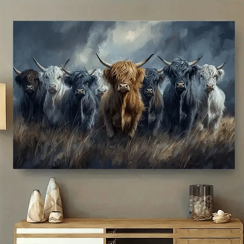 Highland Cow Animal Art Canvas Print - 1 Piece UV-Resistant, Fade-Resistant, Non-Toxic, Eco-Friendly Modern Home Decor with Easy Hanging Hardware Kit (Gift for Art Lovers), Animal Art Prints