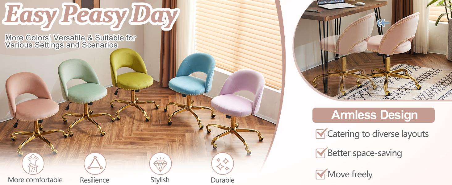 Karlhome  Modern Velvet Small Office Chair,Cute Desk Chair with Wheels,Gold Base/Studs, Comfy Armless Swivel Vanity Task Chair for Women/Girl/Kids, Nail Tech Chair for Bedroom,Small Space,Pink