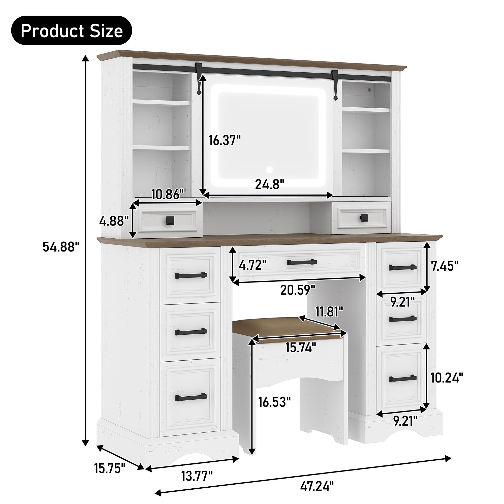 Bellemave 47.2" Farmhouse Makeup Vanity Desk with Sliding LED Mirror, Large Vanity Set, 9 Drawers, Charging Station, White & Brown Bellemave 47.2" Farmhouse Makeup Vanity Desk with Sliding LED Mirror, Large Vanity Set, 9 Drawers, Charging Station, White & Brown