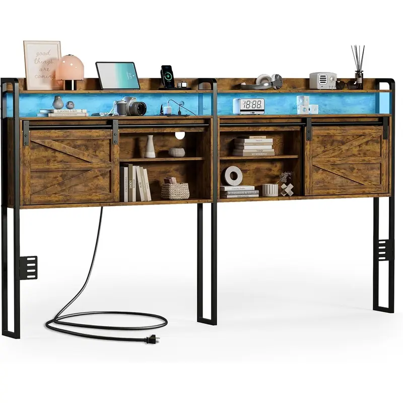 Queen/King Size Headboard with Storage, 3 Tier, LED Light, Sliding Barn Doors, Width Adjustable (Rustic Brown, King)