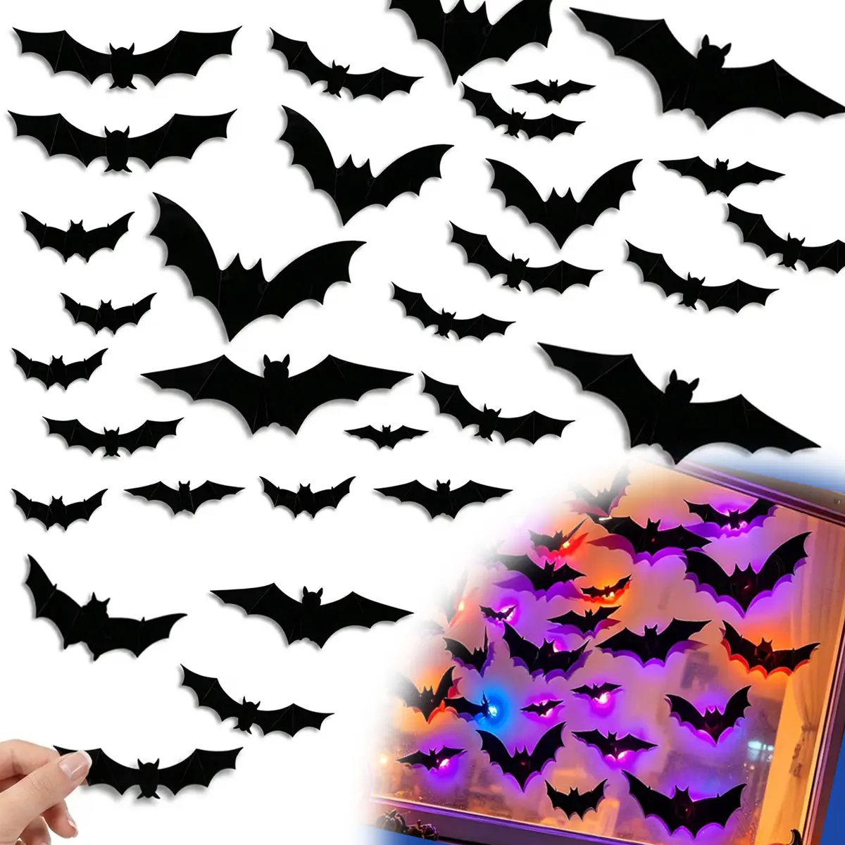 36Pcs Halloween Light-Up Bat Wall Stickers Kit - Purple & Red-Blue Flashing LED Bats, Bendable Spooky Party Ornaments, Battery-Operated (No Remote Control) for Home Window Door Decor