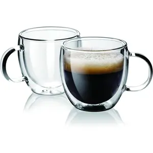 Espresso Cups Set Of 2, Double Walled Glass Coffee Mugs with Handle,Insulated Layer Coffee Cups,Clear Borosilicate Glass Mugs,Perfect for Cappuccino,Tea,Latte,Espresso