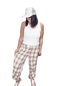 Latte Foam Plaid Printed Tapered Leg Pants
