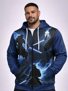 Ironforge Full Zip-Up Hoodie Blue Samurai Lightning Athletic Hoodie for Men Gym Training Activewear Modern Tailored Fit Premium Comfort