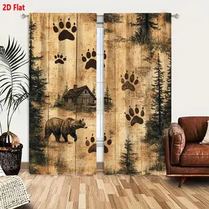 2D Flat 2-Pack Rustic Cabin Curtains with Bear Paw Prints, Vintage Log Cabin & Pine Trees Design, Light Brown Weathered Wood Grain, Outdoor Wilderness Theme Blackout Curtains for Bedroom/Living Room, Window Curtain