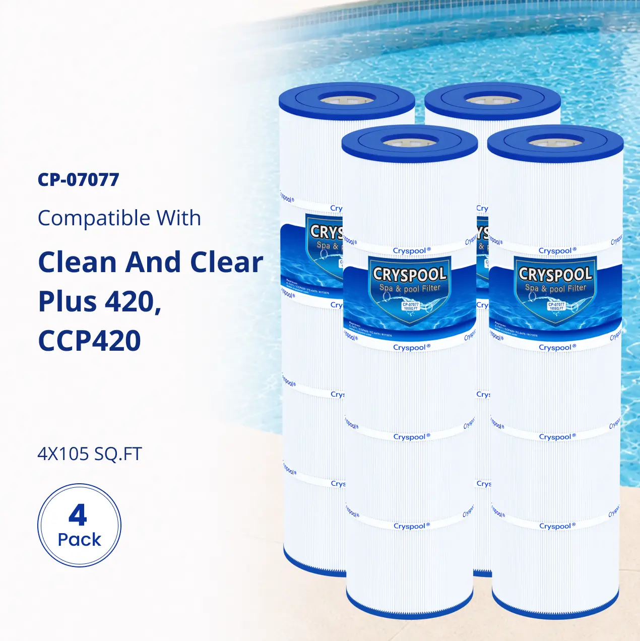 CCP420 Filter Compatible with Clean and Clear Plus 420, CCP420, R173576, PCC105-PAK4570-0425-07, C-7471, 178584, FC-6470, 817-0106, Cryspool 4x105sq.Ft Pool Filter Cartridges, 4 Pack Pool Accessory