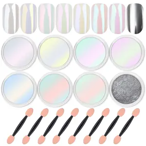 Chrome Nail Powder Magic White Pearl Kit 8 Jars Mirror Effect Silver Metallic Holographic Dip Powder for Gel Polish Iridescent Aurora Mermaid Pigment