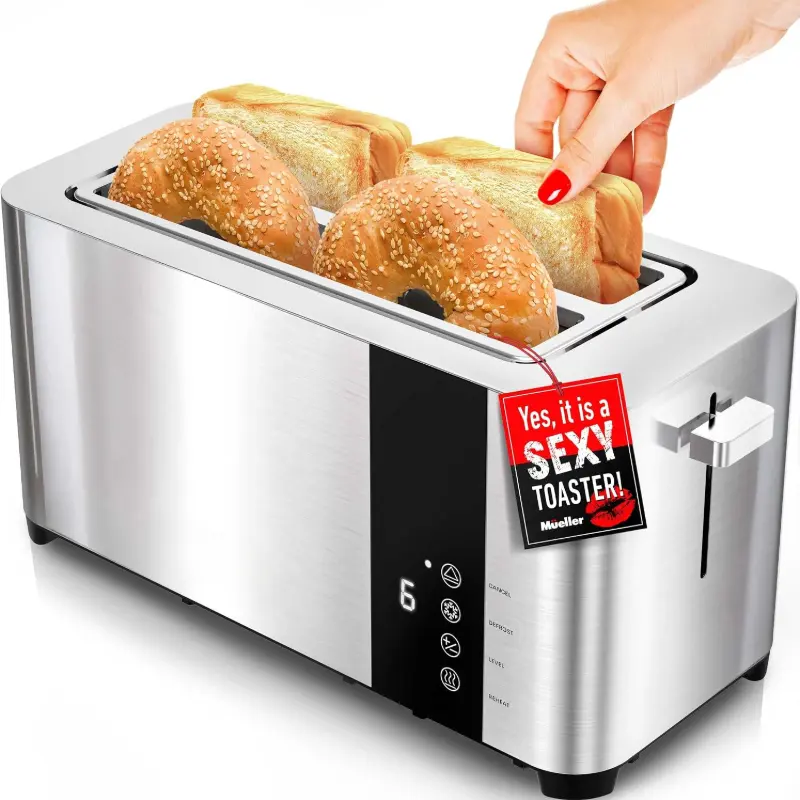 Stainless Steel 4 Slice Toaster, Extra Wide 1.6 Inch Slots Bread Toaster, Digital Control Toaster with Defrost & Reheat Settings for Home Breakfast Making