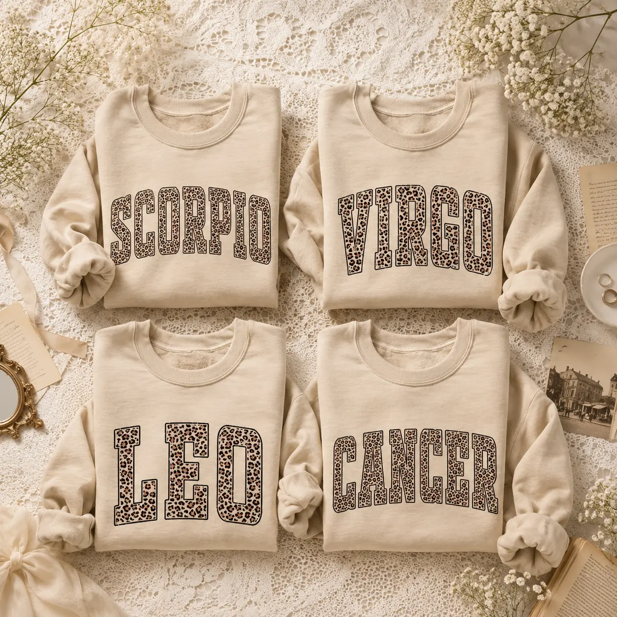 Full 12 Minimalist Zodiac Graphic Sweatshirt – Sand Color, Personalized Zodiac Sign Sweatshirt, Leopard Print Zodiac Crewneck, Custom Astrology Sweatshirt, Horoscope Birthday Gift, Virgo Leo Scorpio Cancer Gift, Unisex Crewneck- DarkFlex