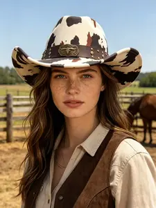Cow Print Western Cowboy Hat, Vintage Distressed Rivet Bull Head Decoration, Wide Brim Sun Protection, Unisex Fashion Accessory