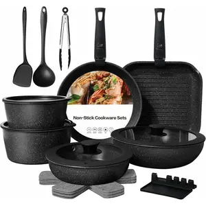 Pots and Pans Set Non Stick, Ceramic Cookware Sets 21 count, Granite Induction RV Kitchen Portable Stackable Cooking Set Removable Handles, Dishwasher & Oven Safe, Black
