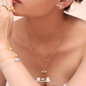 Miali Fashionable Oil-Drip Zircon Hardworking Little Bee Double-Layer Necklace, Bracelet, Ring, Earrings Titanium Steel Set