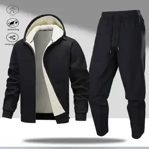 A set of black hooded fleece jacket and straight leg pants, featuring a simple and casual style. The hooded jacket design can be flexibly adjusted, adding a sense of randomness and practicality. The zipper closure is smooth and convenient for wearing and