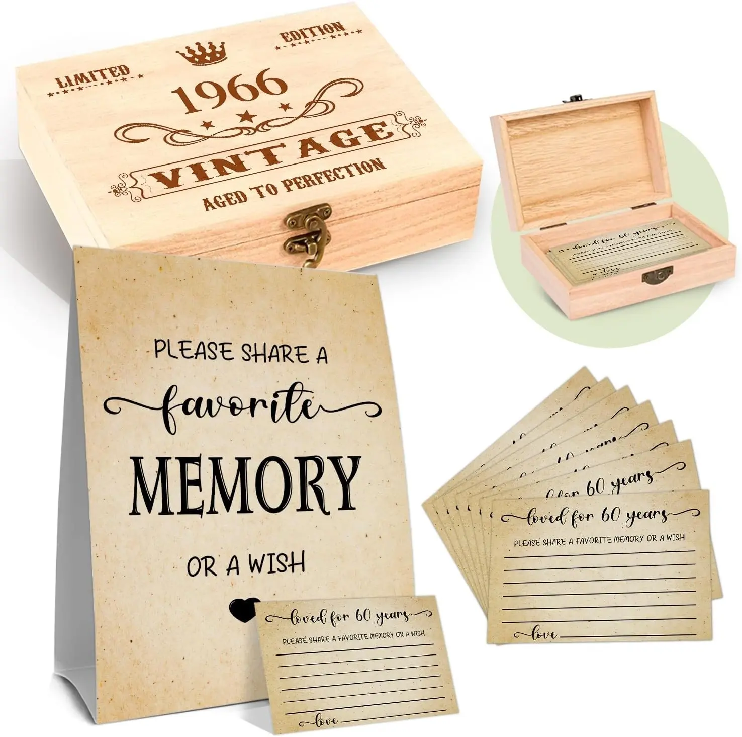 60th Birthday Party Share a Memory Set, 1966 Birthday Gifts for Women Men, 1966 Wooden Share A Memory Box with Memory Sign and 50 Pcs Memory Cards, 1966 Birthday Gifts, 60th Birthday Party Decorations