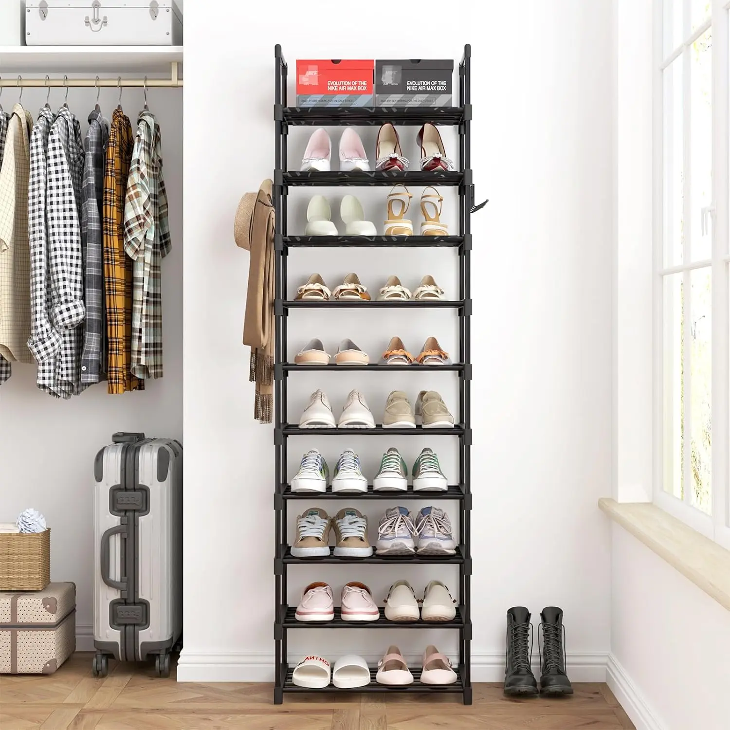 Black Waterproof 10-Tier Metal Shoe Organizer Storage, Adjustable Multi-Level Stacking Floor-Standing Rack for 20-24 Shoes & Boots, with Hooks for Closet, Entryway, Adjustable Shoe Storage