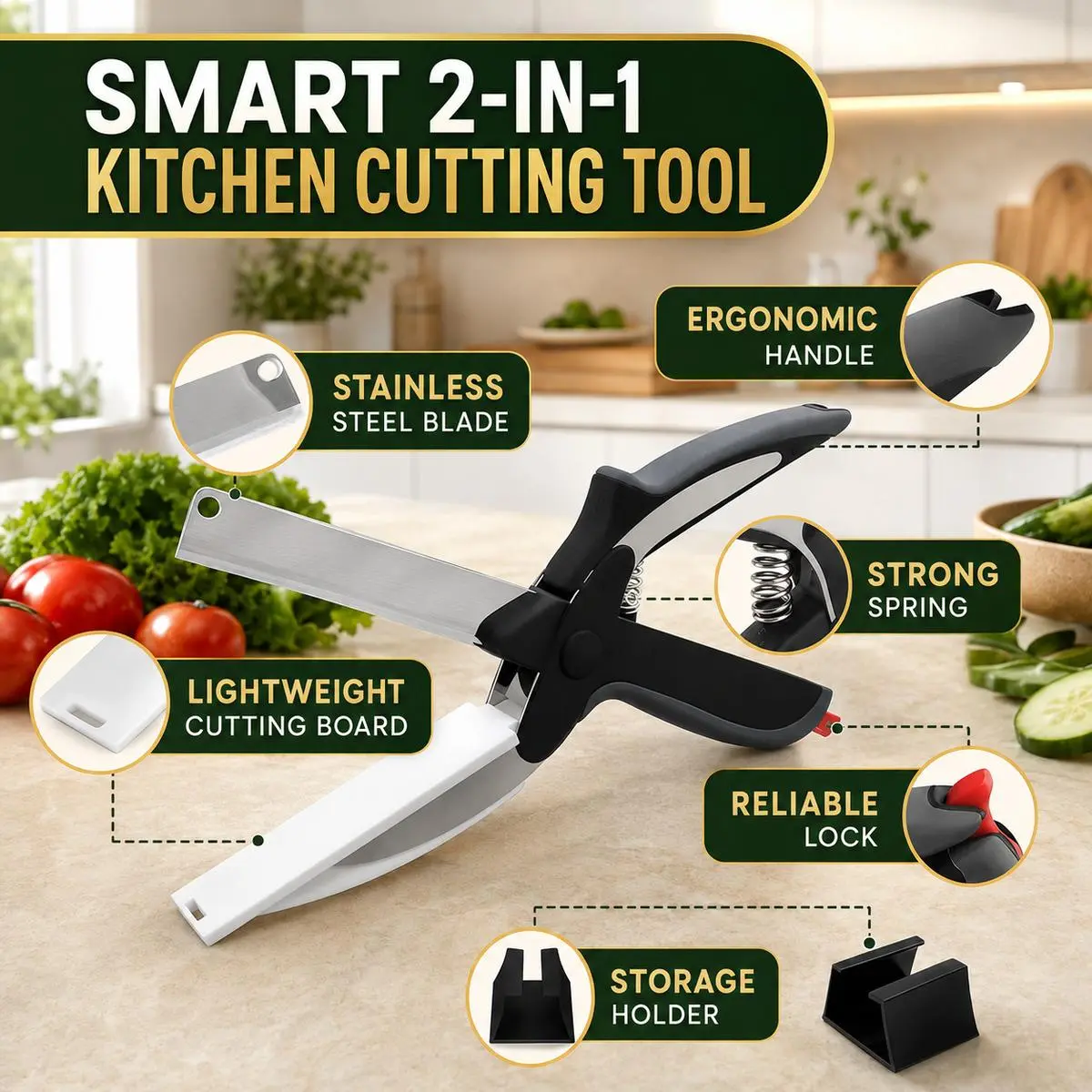2-in-1 Kitchen Scissors with Stainless Steel Blade, Cutting Board and Safety Lock