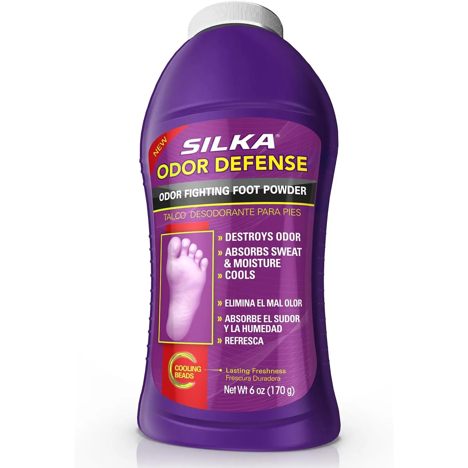 SILKA Odor Fighting Foot Powder & Shoe Deodorizer, 6 Oz | Corn Starch Powder, Talc & Cooling Beads, for Long Lasting Freshness Feeling, Helps Absorbs Sweat & Excess Moisture