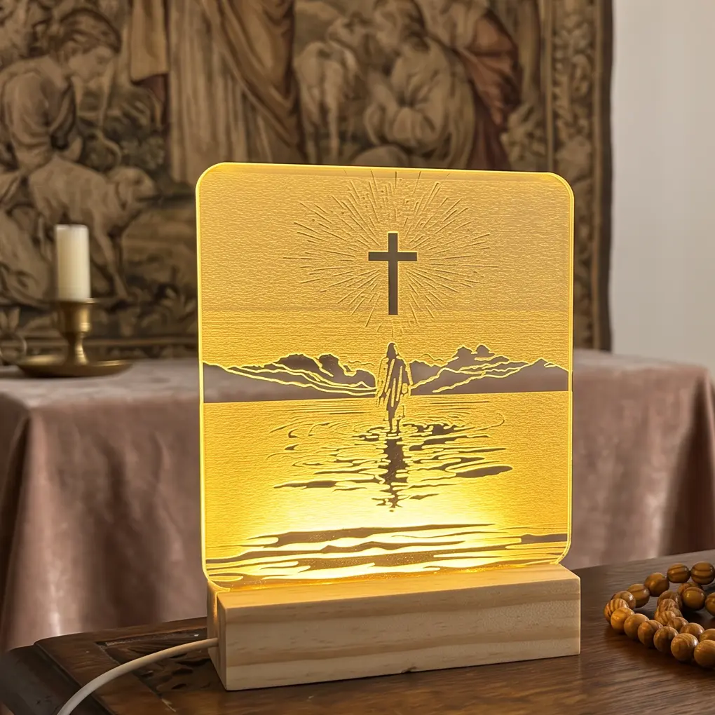 Jesus Christian Gifts Walking on Water LED Night Light Acrylic Sign with Wood Base Cross Faith Home Decor Gift for Men Women Christmas Easter