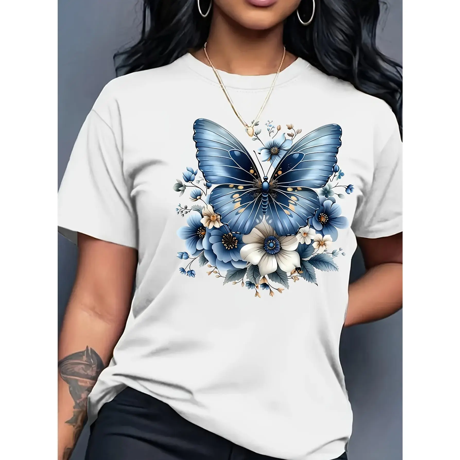 Women's T-Shirt with Butterfly Digital Print, Casual 100% Cotton Shortsleeve Crew Neck, Modest Streetwear for All Seasons, Fabric, Classic Fit, Street Wear, Printed Graphic, Basic, Chic, Tshirt, Round Neck, Top, Short Sleeves