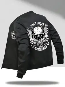 Men's American Casual Stand Collar Jacket, Skull Wing Print, Motorcycle Riding Outdoor Trendy Coat, Spring & Fall Fitted Style