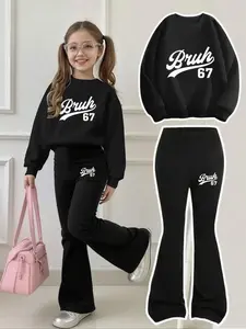 Girls' Cool Bruh 67 Letter Number Sweatshirt & Bell Bottoms Set, Sweatshirt with Print, Casual Breathable