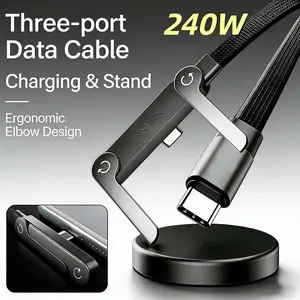 Invisible Holder Charger Cable with Stand, 240w super fast charging 2-in-1 Fast Charging Cord & Phone Stand for Gaming, Office, Car Travel, Compatible with Type-C charging cable Black