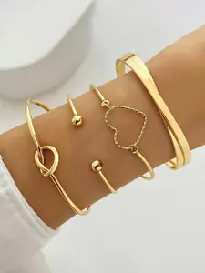 Set of 4 Fashionable Geometric Heart Bracelets, Adjustable Open Bangles, Stackable Bracelets, Casual Style Jewelry for Women, Perfect Gift Idea