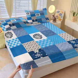 Blue Tone Patchwork Bedding Set with 1 Fitted Sheet and 2 Pillowcases No Core Geometric Blue and White Block Design Summer Fresh Non-Slip Breathable Soft Breathable Fabric Bedding for Bedroom Decor