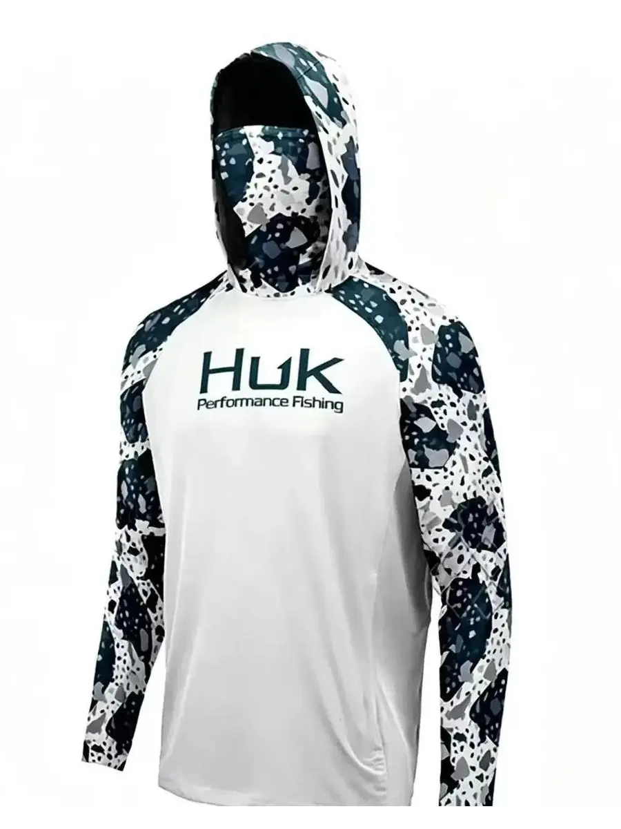 Men's Long Sleeve Fishing Shirt, Hooded Ocean Design with Face Mask, UPF 50+ Sun Protection, Quick Dry Athleisure Wear, Male, Breathable, Fishing Trips clothes, Machine Wash, Milk Silk