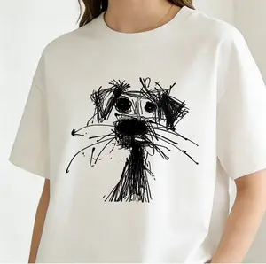 Women'S Casual White Round Neck Puppy Doodle Print Short Sleeve women T-Shirt, Versatile For Summer，Summer Women Top