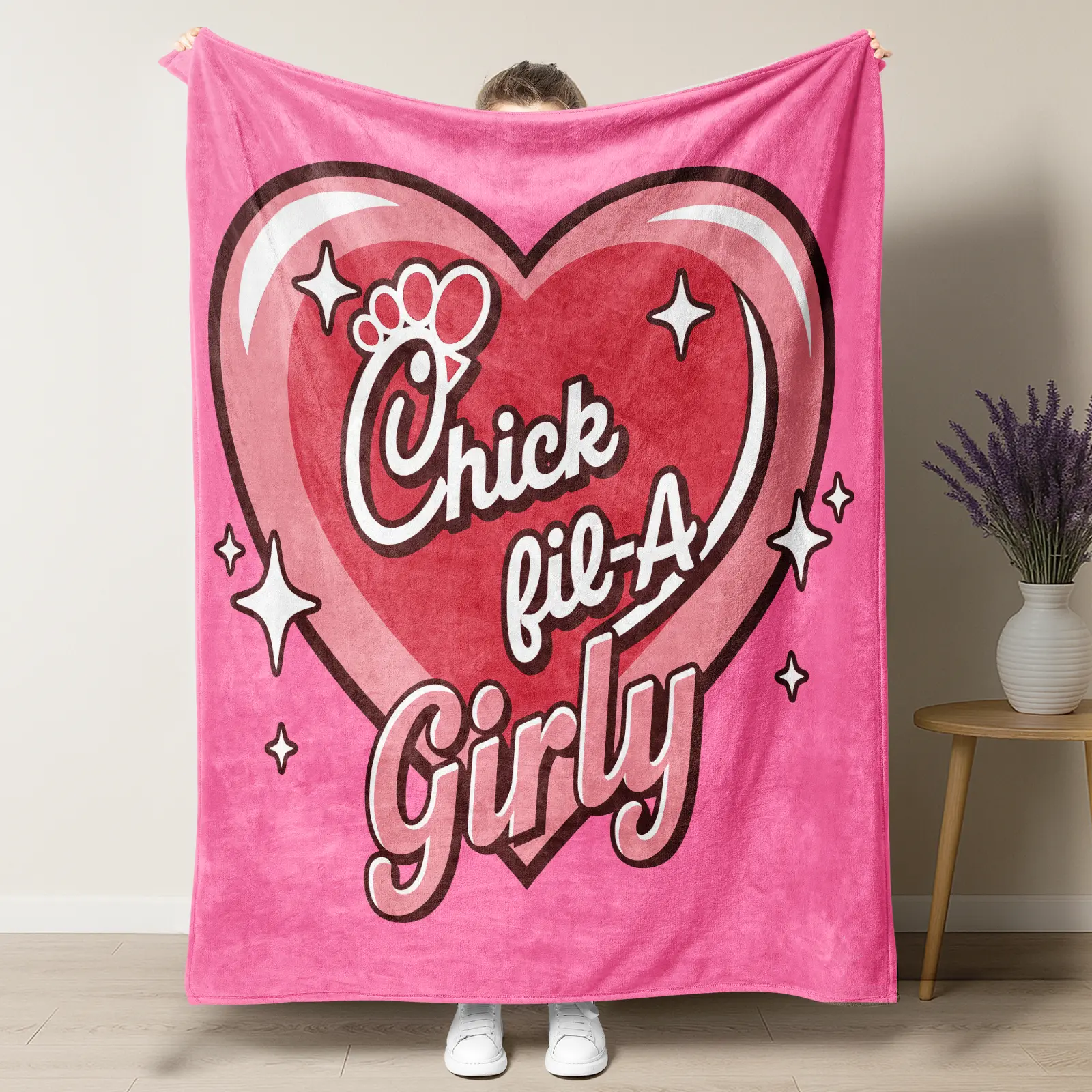 Chick-fil-A Girly Pink Heart Graphic Flannel Blanket Perfect Gift for Your Fav Chick-fil-A Lover Blanket Soft Fluffy Lightweight Throw  Blanket Slogan Print Gift