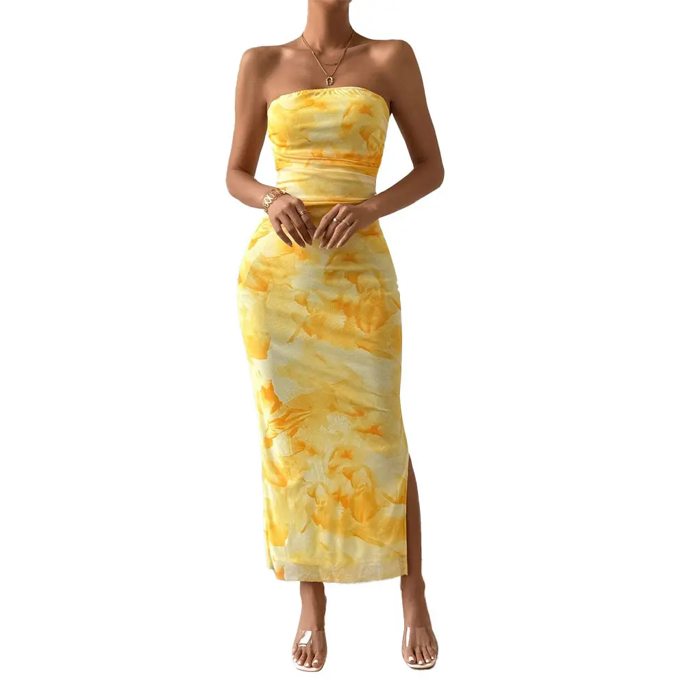 Mesh Print Dress, 2026 Spring/Summer New Arrival, High-Waisted, Slit, Strapless, Bodycon Skirt
