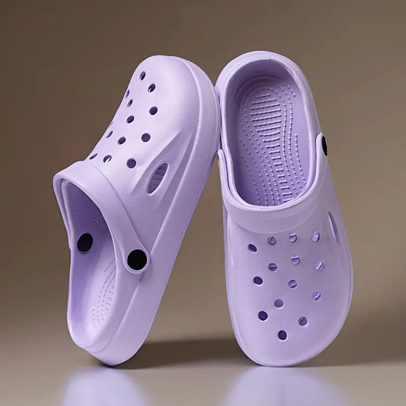 EVA Solid Color Clogs, Lightweight Flat Soft Sole Home Garden Clogs, Breathable Hollow Beach Clogs