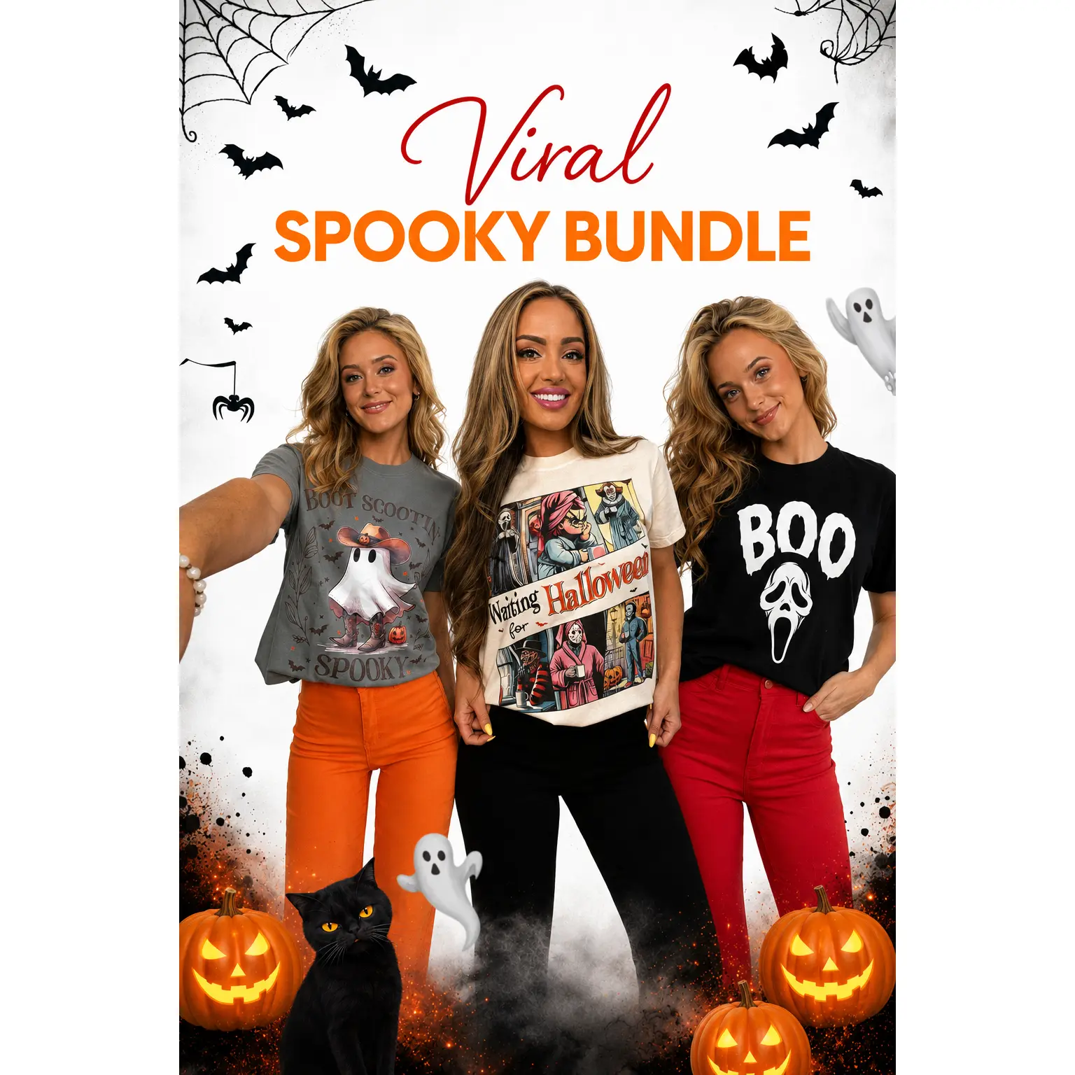 Women's Jeans Spooky Flare Bundle - 1 Fiona Flare Jeans, 1 Surprise Spooky Crewneck Tee Top T-Shirt