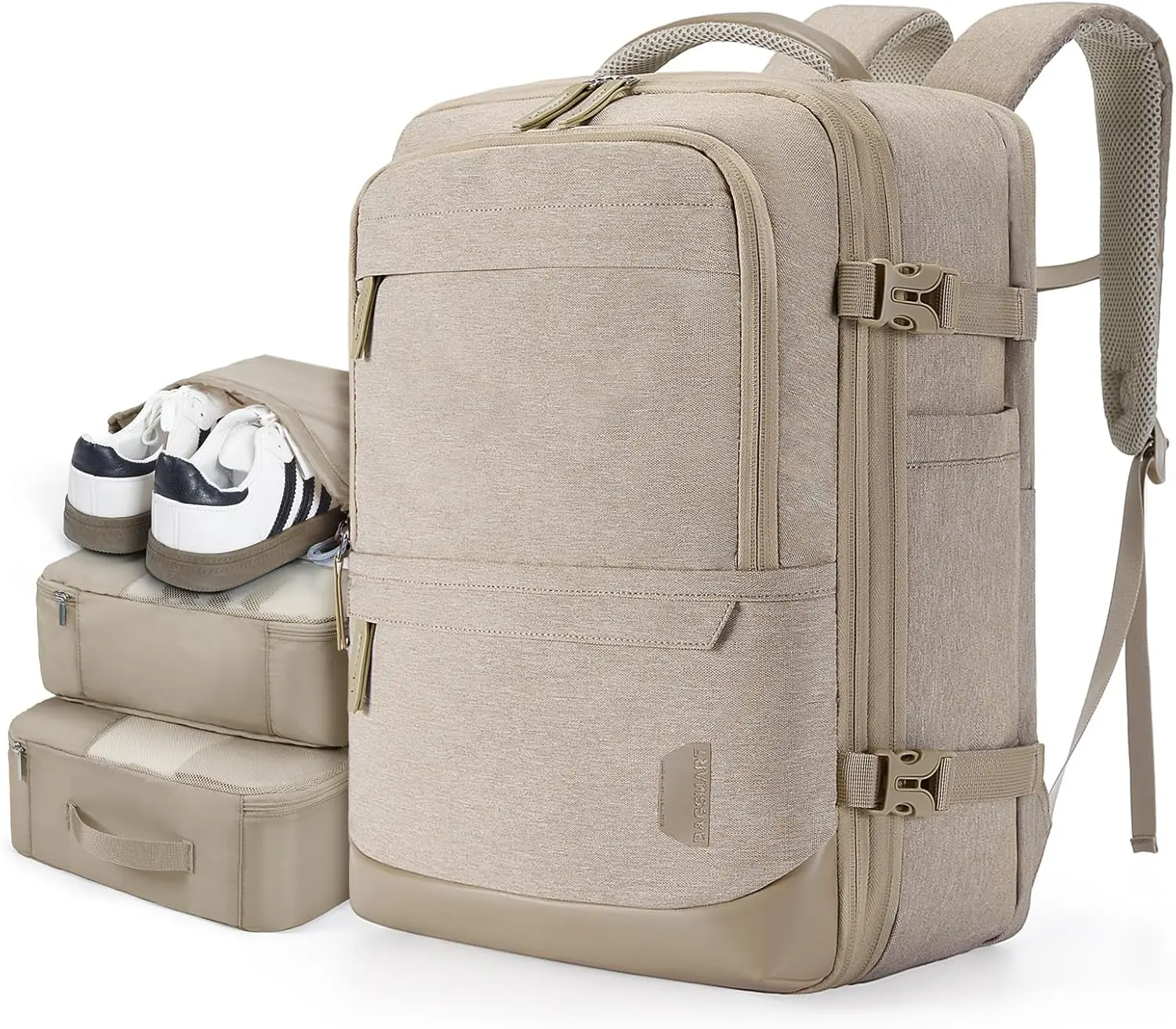Compression Travel Backpack, 40L Expandable Carry On Backpack with Packing Cubes, Water Resistant Weekender Backpack Fits 17 Inch laptop, Large Overnight Luggage Daypack with Shoe Bag, Khaki